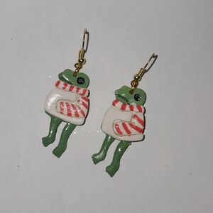 Frog Earrings with Candy Cane Sweaters